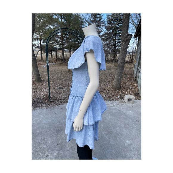 Vintage | 90s Tiered Denim Mini Dress Ruffle Circle Collar Sleeveless Two Roads - Picture 3 of 9